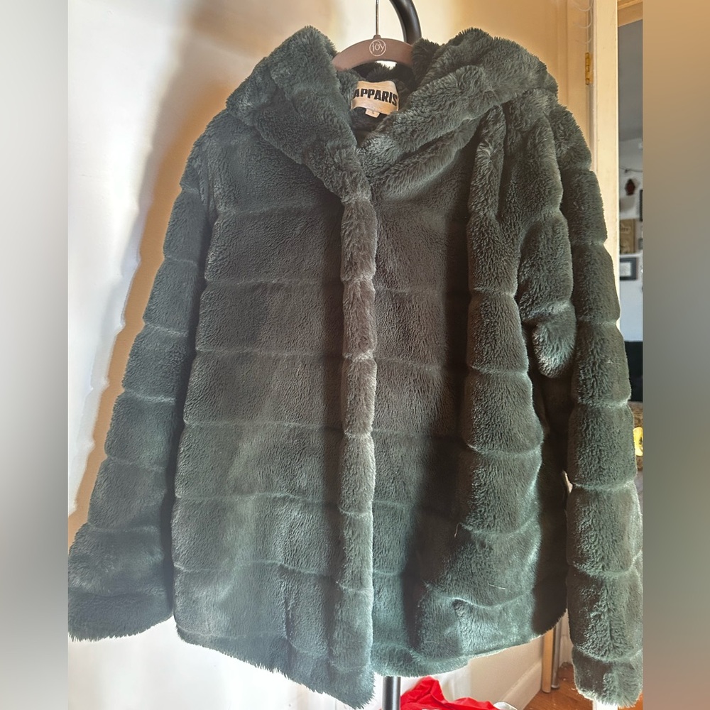 Apparis green faux fur hooded coat.